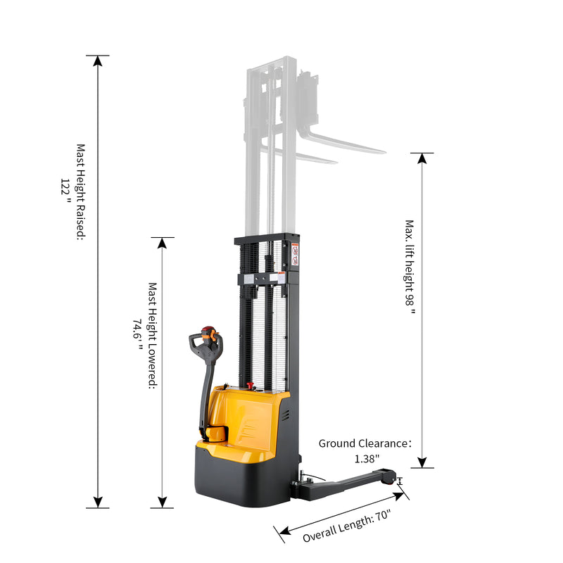 Powered Forklift Full Electric Walkie Stacker 3300lbs Cap. Straddle Legs. 98" lifting A-3022