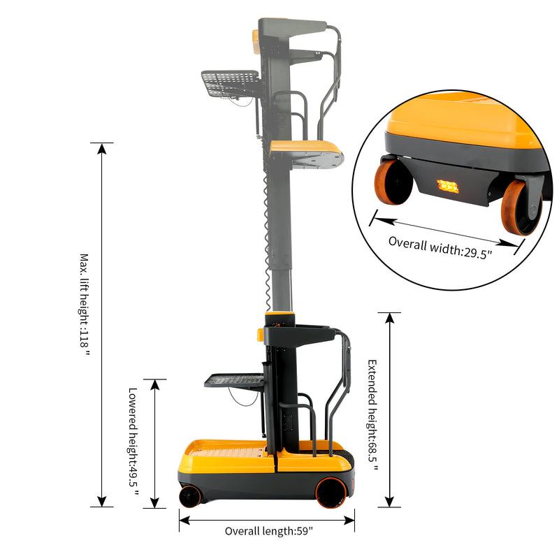 Fully Electric Mini Order Picker With Load Tray 200lbs. Capacity