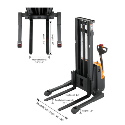 Powered Forklift Full Electric Walkie Stacker 3300lbs Cap. Straddle Legs. 118" lifting A-3023