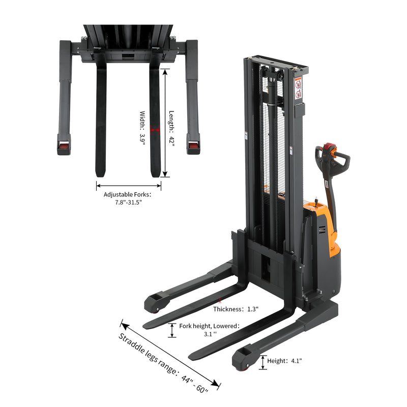 Powered Forklift Full Electric Walkie Stacker 2200lbs Cap. Straddle Legs. 118" Lifting A-3019
