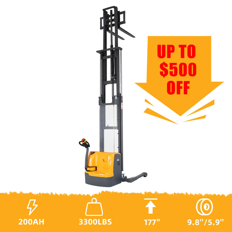 Apollolift Powered Forklift Full Electric Walkie Stacker 3300 lbs Cap. 177"Lifting A-3029