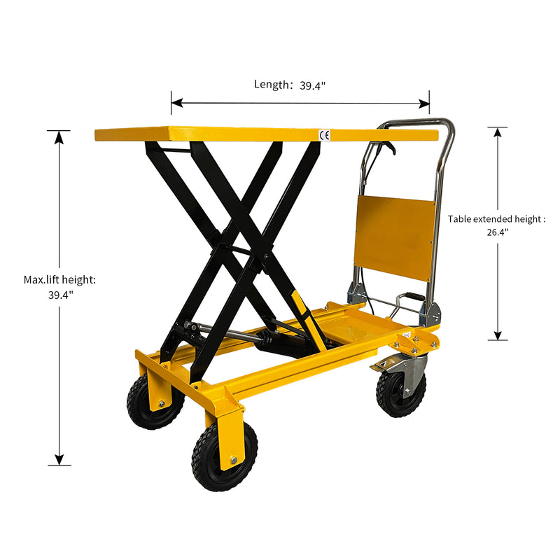 Single Scissor Lift Table 440 lbs. 39.4 " lifting height with durable big rubber load wheel