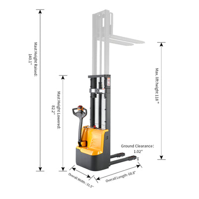 Powered Forklift Full Electric Walkie Stacker 3300lbs Cap. Fixed Legs.118" Lifting A-3034