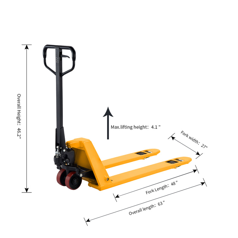 Pallet Jack Low Profile. 2200lbs. 48"Lx27"W Fork 1.4inch lowered