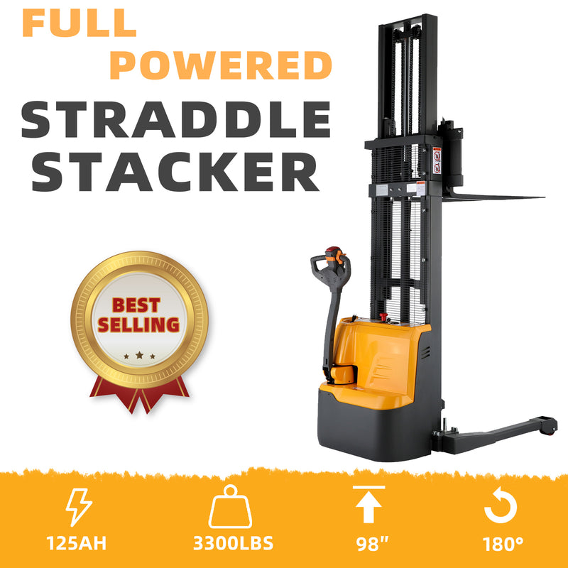 Powered Forklift Full Electric Walkie Stacker 3300lbs Cap. Straddle Legs. 98" lifting A-3022