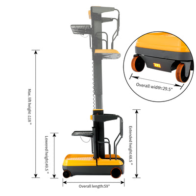 Fully Electric Mini Order Picker With Load Tray 200lbs. Capacity