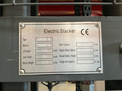 Used Semi-Electric Stacker  2200Lbs Cap. Fixed Legs. 118"Lifting