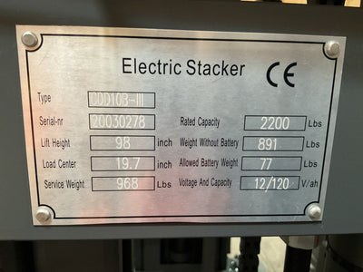 Used Semi-Electric Stacker  2200lbs Cap. Fixed Legs. 98"Lifting